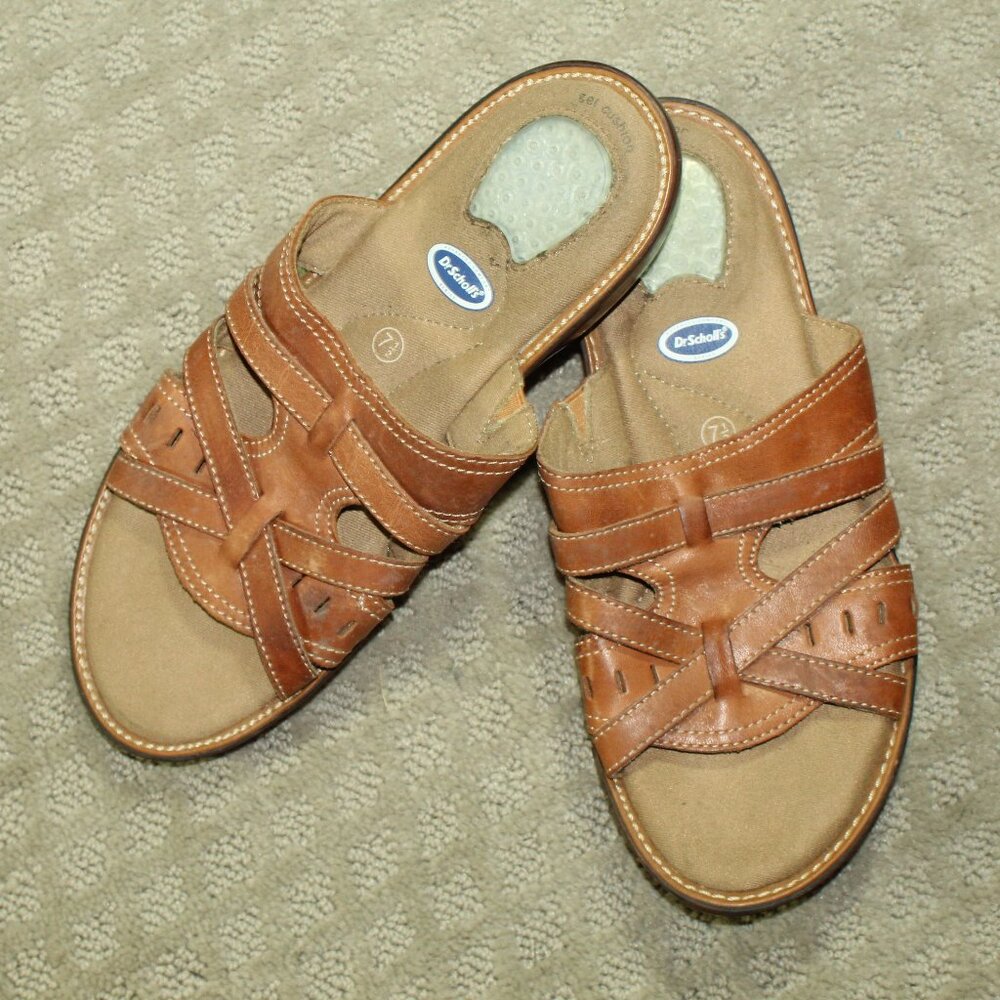 Dr Scholls Sandals Womens 7.5 Slip On Slides Brown Leather Casual Open Toe Wedge